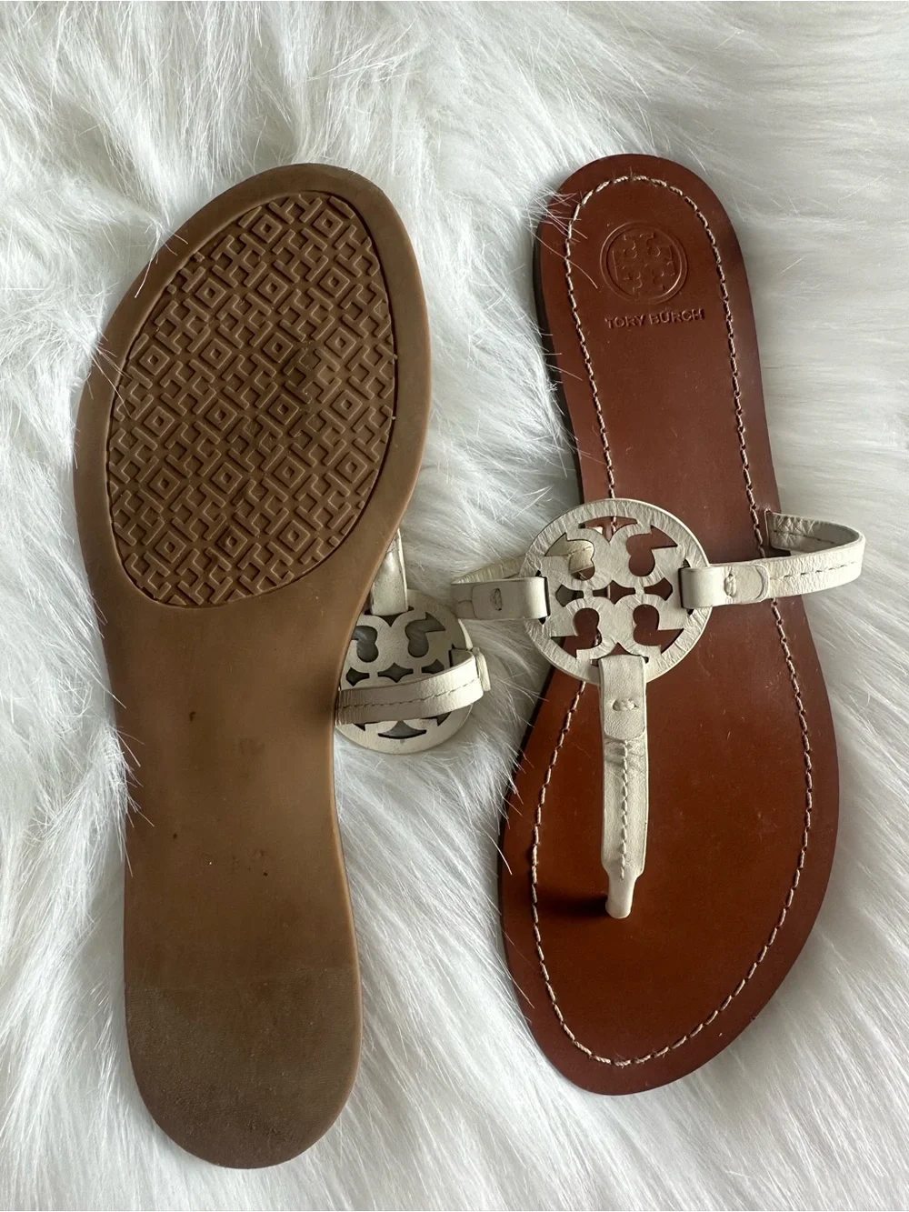 Tory Burch White Logo Thong Sandals with Brown Footbed Sz 9